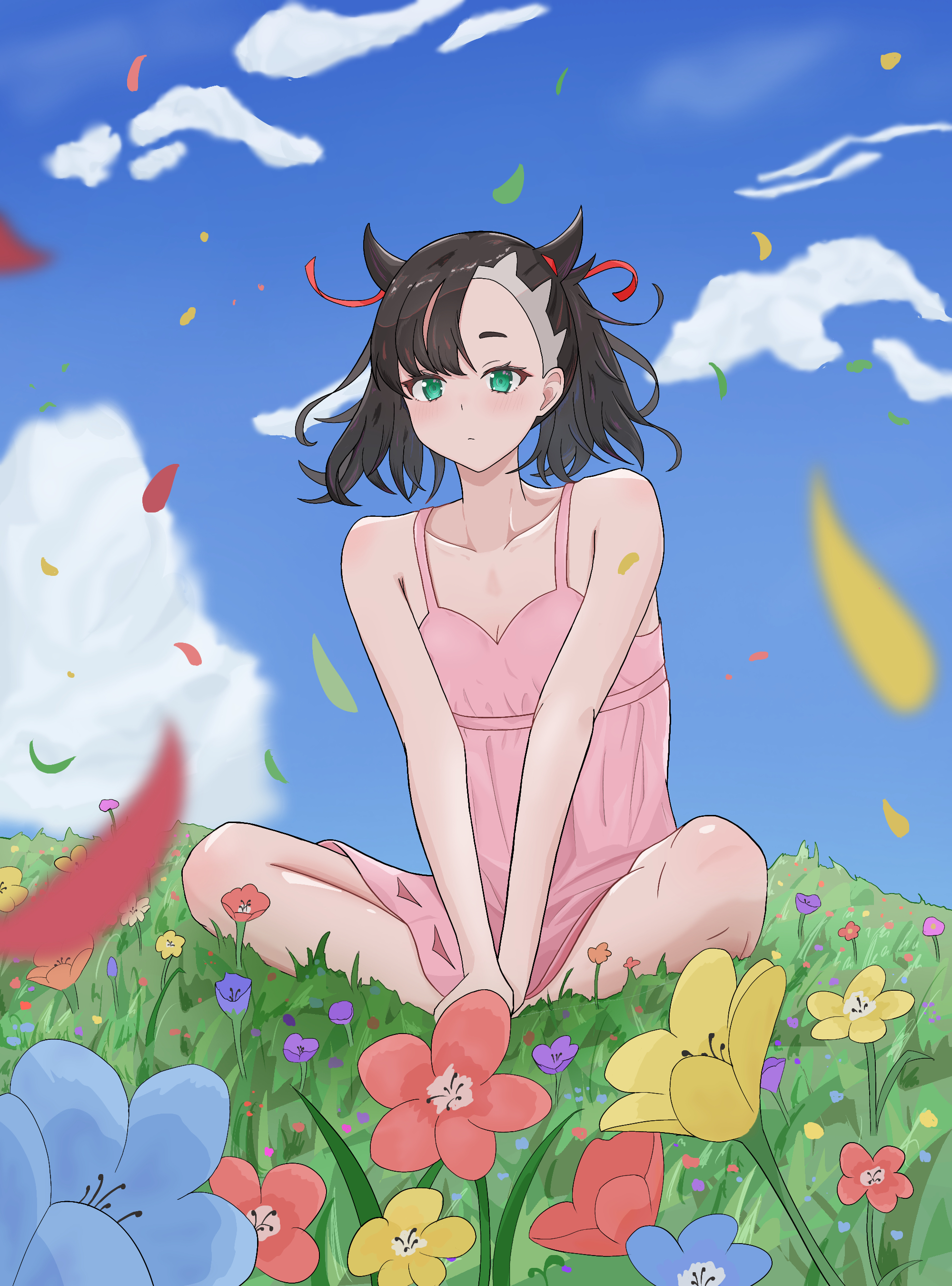 kuronagasu ir, marnie (pokemon), nintendo, pokemon, pokemon swsh, absurdres, highres, 1girl, asymmetrical bangs, bare legs, black hair, blue flower, blue sky, blurry, breasts, cleavage, closed mouth, cloud, collarbone, day, depth of field, dress, falling petals, field, flower, flower field, full body, grass, green eyes, hair ribbon, no jacket, outdoors, petals, pink dress, red flower, red ribbon, ribbon, sitting, sky, small breasts, solo, twintails, undercut, yellow flower