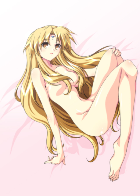ka2, ranpha franboise, broccoli (company), galaxy angel, 00s, 1girl, barefoot, blonde hair, breasts, brown eyes, feet, female focus, full body, long hair, lying, navel, nude, solo, toes