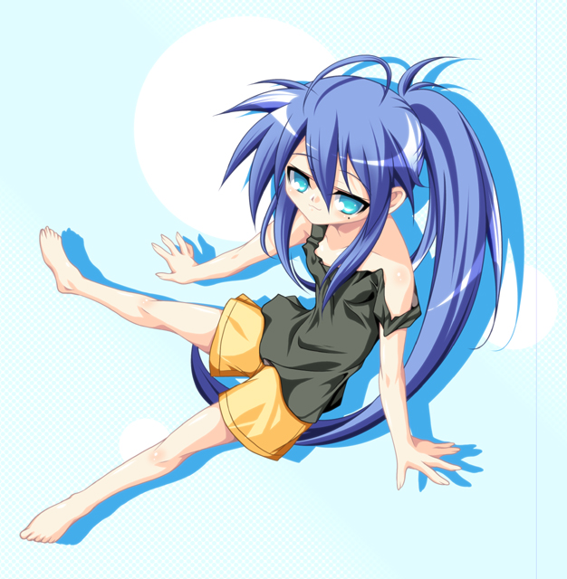 ka2, izumi konata, lucky star, 00s, 1girl, alternate hairstyle, barefoot, blue eyes, blue hair, female focus, long hair, matching hair/eyes, mole, mole under eye, ponytail, shorts, sitting, solo