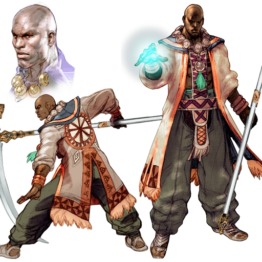 zasalamel, namco, soul calibur, soulcalibur iii, concept art, 1boy, bald, dark-skinned male, dark skin, jewelry, male focus, necklace, scythe
