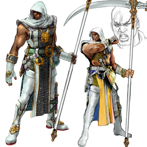 kawano takuji, zasalamel, namco, soul calibur, soulcalibur iii, concept art, official art, 1boy, alternate costume, bald, dark-skinned male, dark skin, fingerless gloves, gloves, hood, male focus, muscular, scythe, solo