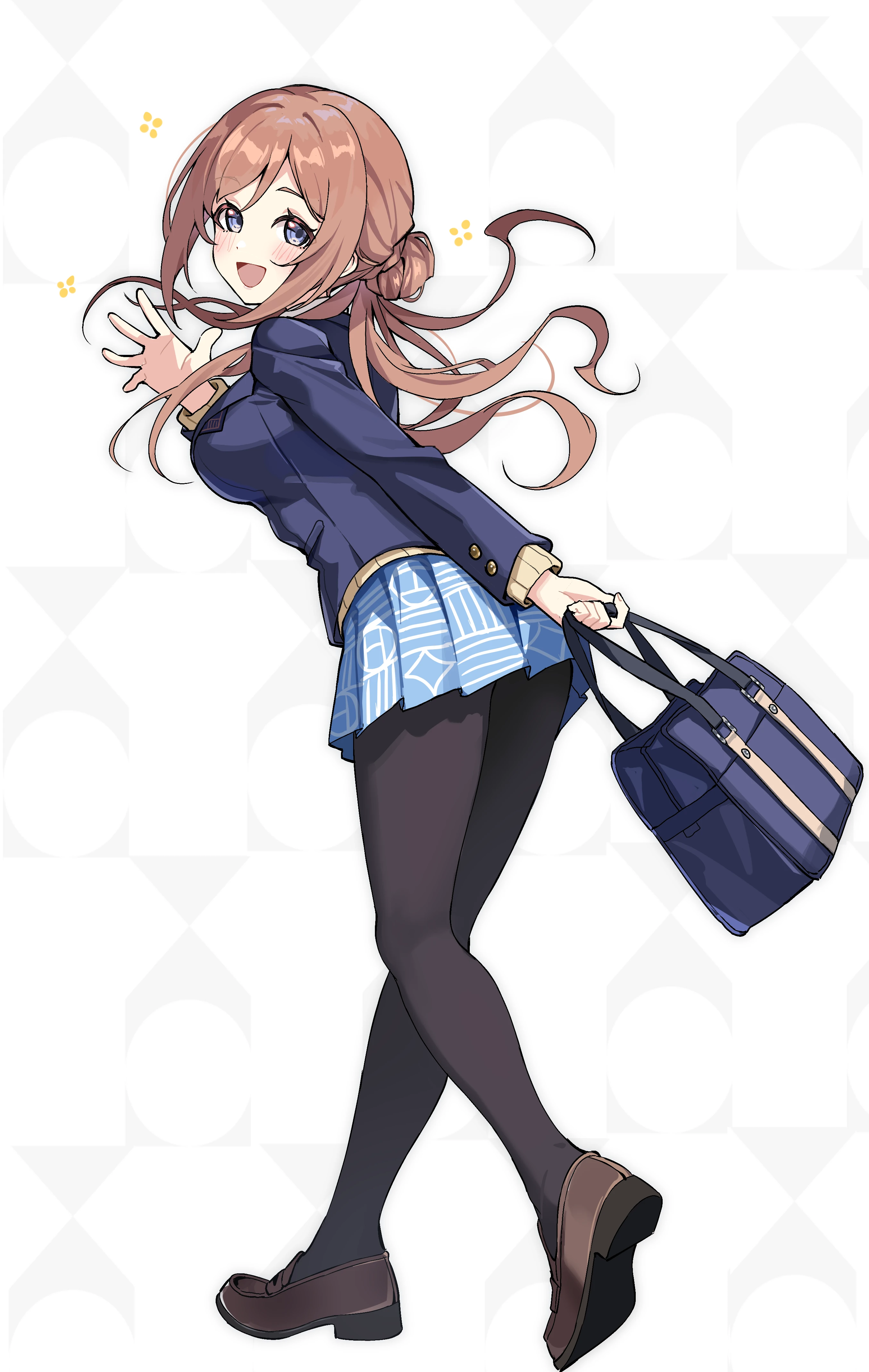 tamago (eva1314056), himesaki rinami, gakuen idolmaster, idolmaster, absurdres, highres, 1girl, bag, black pantyhose, blazer, blue eyes, blue jacket, blue skirt, blush, brown hair, brown shoes, from behind, full body, hair bun, hatsuboshi gakuen school uniform, holding, holding bag, jacket, loafers, long hair, long sleeves, looking at viewer, open mouth, pantyhose, pleated skirt, school uniform, shoes, side up bun, simple background, single side bun, skirt, smile, solo, standing, white background