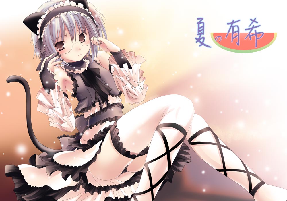 namamo nanase, nagato yuki, suzumiya haruhi no yuuutsu, 00s, animal ears, barefoot, brown eyes, cat ears, cat tail, frills, glasses, goth fashion, headband, panties, solo, tail, thighhighs, underwear, white thighhighs