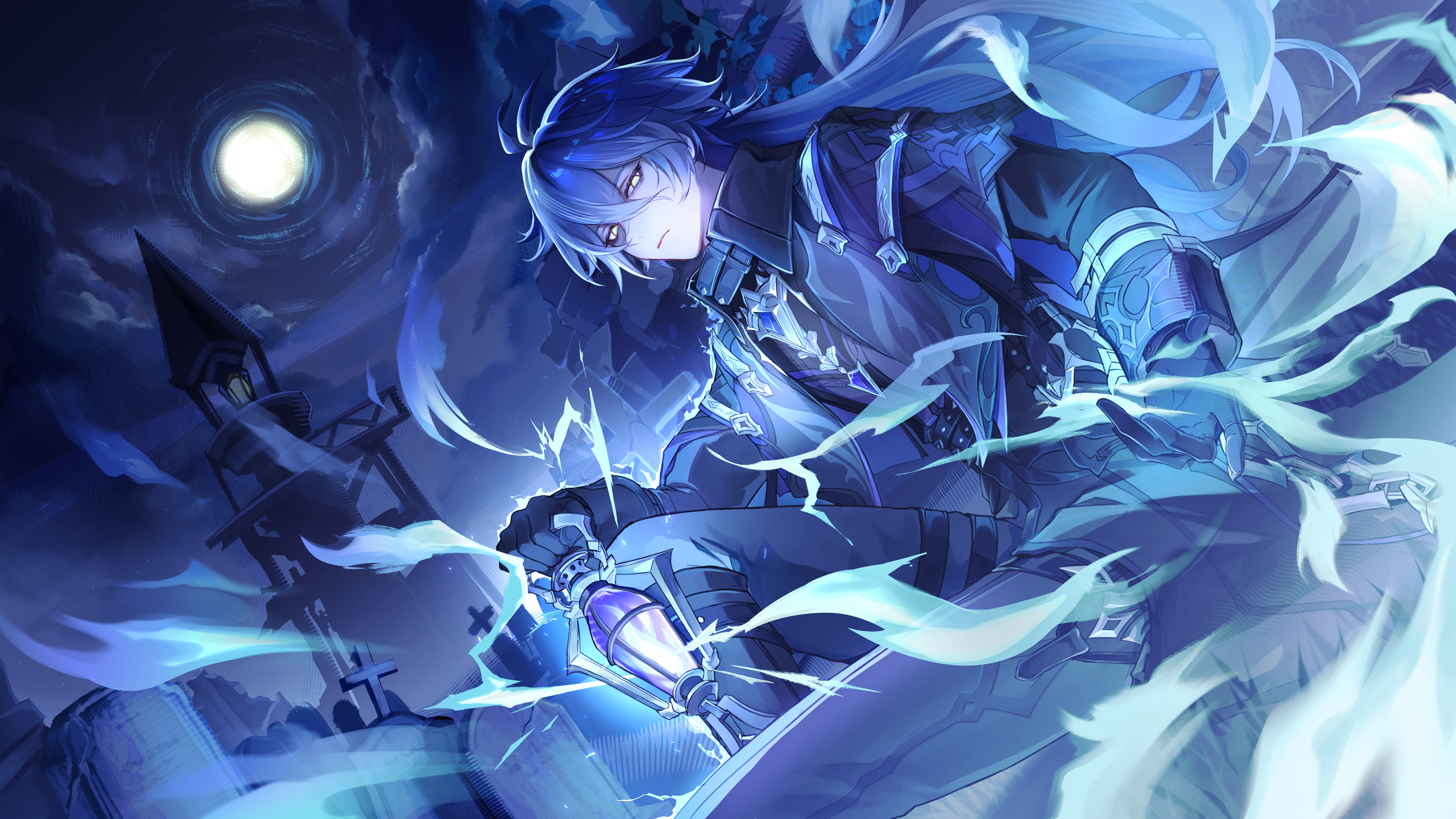 mimisuke37, flins (genshin impact), genshin impact, absurdres, commentary request, highres, 1boy, black coat, black gloves, black pants, closed mouth, coat, dutch angle, full moon, gloves, hair between eyes, holding lamp, long hair, long sleeves, male focus, moon, night, night sky, outdoors, pants, purple theme, sitting, sky, solo, tower, yellow eyes