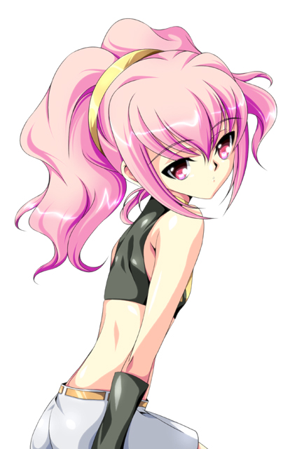 ka2, anya alstreim, code geass, 00s, back, bare shoulders, expressionless, gloves, long hair, looking back, pink eyes, pink hair, shorts, solo, tank top