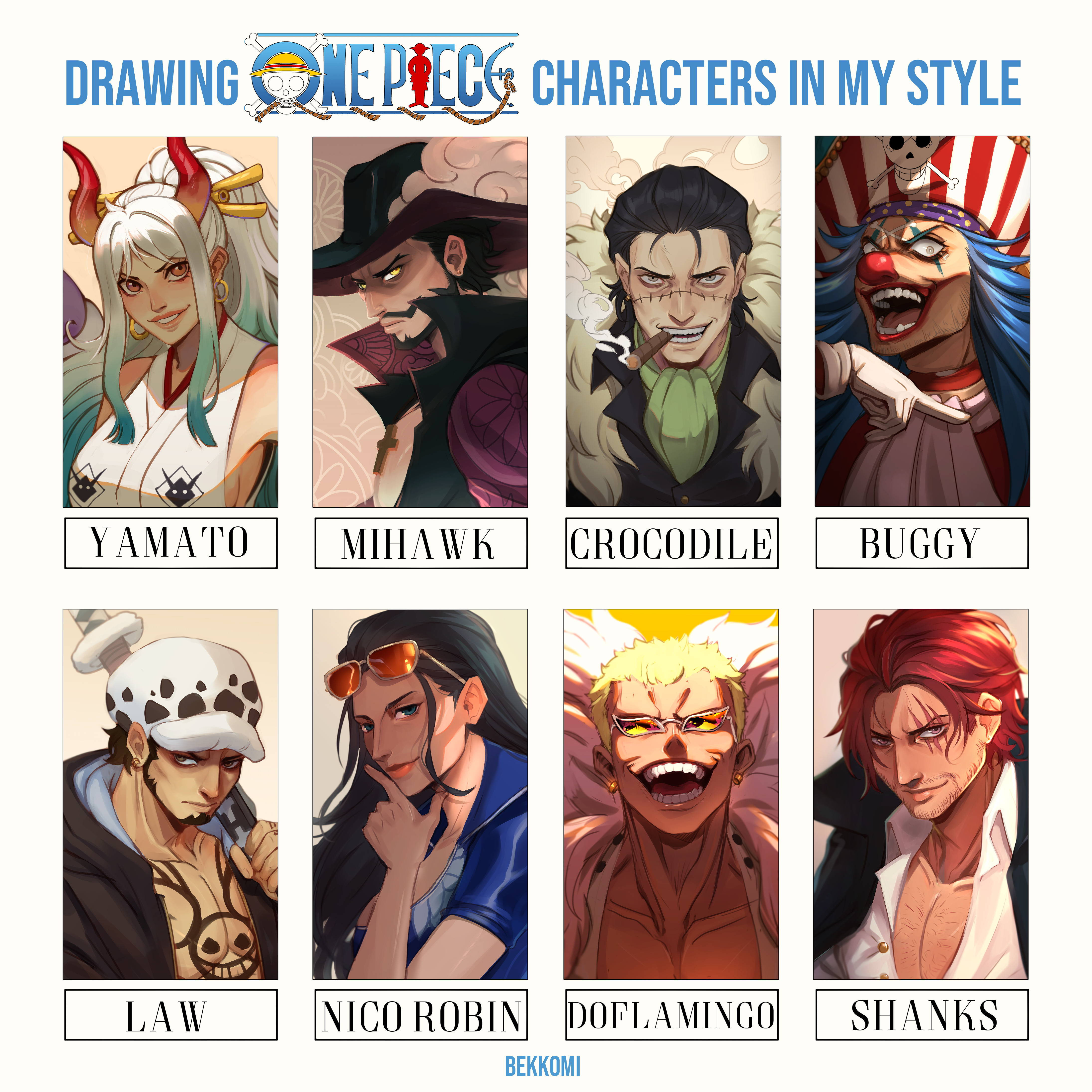 bekkomi, buggy the clown, crocodile (one piece), donquixote doflamingo, dracule mihawk, nico robin, shanks (one piece), trafalgar law, yamato (one piece), one piece, absurdres, commentary, english commentary, highres, 2girls, 6+boys, artist name, ascot, bare shoulders, beard, beard stubble, black cape, black hair, blonde hair, blue eyes, blue hair, cape, character name, chest tattoo, cigar, closed mouth, coat, collarbone, cross, cross necklace, curled horns, earrings, eyeshadow, eyewear on head, facial hair, fur-trimmed coat, fur trim, gloves, goatee, green ascot, grey eyes, hair ornament, hair slicked back, hair stick, hat, hat feather, high collar, hoop earrings, horns, jewelry, long hair, looking at viewer, makeup, male focus, mouth hold, multicolored hair, multicolored horns, multiple boys, multiple drawing challenge, multiple girls, mustache, mustache stubble, necklace, oni, open clothes, open mouth, orange-tinted eyewear, orange eyes, orange horns, pirate hat, red hair, red horns, red nose, scar, scar across eye, scar on face, shirt, short hair, short sleeves, sideburns, single earring, smile, smoke, stubble, sunglasses, tattoo, teeth, tinted eyewear, two-tone hair, two-tone horns, upper body, v-shaped eyebrows, white-framed eyewear, white ascot, white gloves, white shirt, yellow eyes