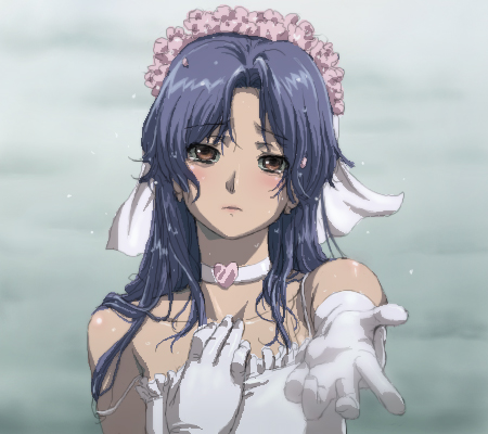 matsudo aya, kisaragi chihaya, idolmaster, idolmaster (classic), idolmaster 1, lowres, 00s, 1girl, bride, choker, dress, elbow gloves, female focus, gloves, solo, tears, wedding dress