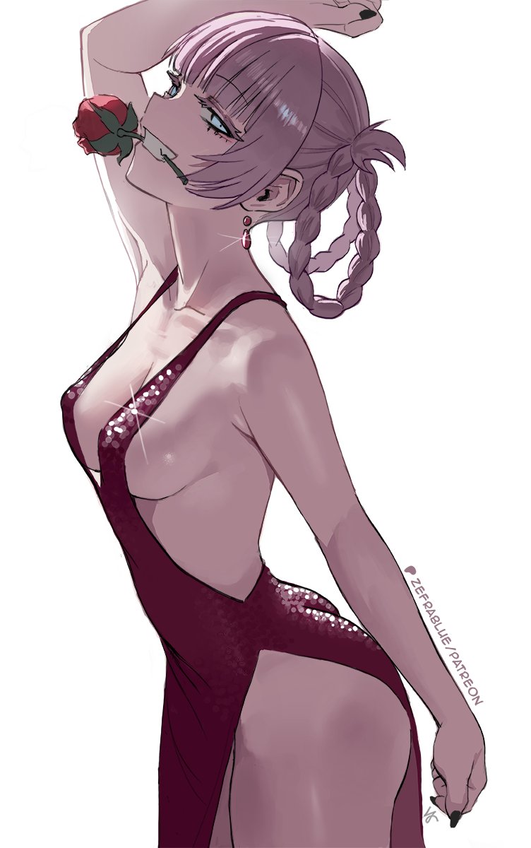 zefrableu, nanakusa nazuna (yofukashi no uta), yofukashi no uta, commentary, highres, 1girl, arm up, black nails, blue eyes, braid, braided hair rings, breasts, cowboy shot, dress, earrings, flower, from side, grin, hair rings, jewelry, medium breasts, mouth hold, nail polish, patreon logo, patreon username, pink hair, red dress, red flower, sideboob, simple background, sleeveless, sleeveless dress, smile, solo, strap gap, thighs, twin braids, white background