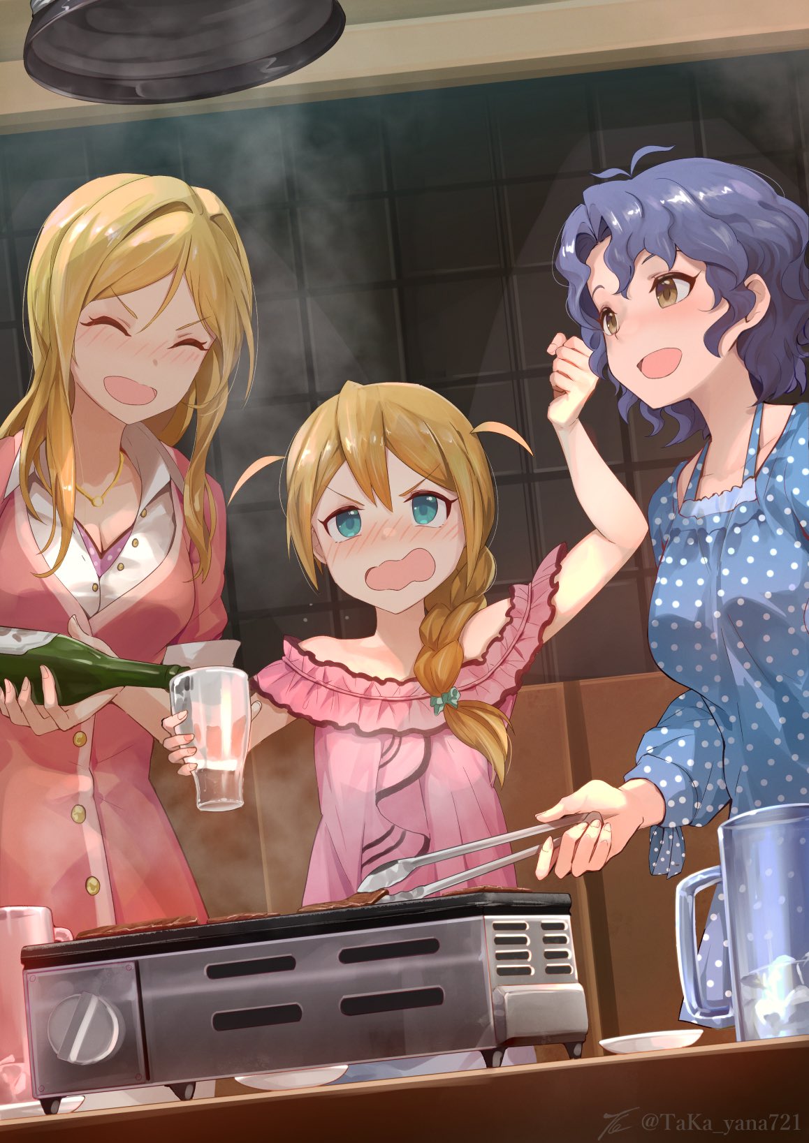 taka.yana, baba konomi, momose rio, toyokawa fuka, idolmaster, idolmaster million live!, highres, 3girls, antenna hair, aqua eyes, arm up, blonde hair, blue dress, blue hair, blush, bottle, braid, breasts, brown eyes, brown hair, cardigan, clenched hand, closed eyes, cooking, cup, dress, drunk, food, frilled shirt, frills, glass, hair between eyes, holding, holding bottle, holding cup, holding tongs, jewelry, long hair, meat, medium breasts, mug, multiple girls, necklace, open mouth, pink cardigan, pink shirt, polka dot, pouring, shirt, short hair, single braid, smile, tongs, twitter username, v-shaped eyebrows