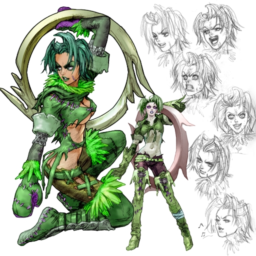 kawano takuji, tira (soulcalibur), soul calibur, soulcalibur, soulcalibur iii, cross-laced footwear, concept art, official art, 1girl, :d, angry, arm behind head, arm up, bandaged leg, bandages, belt, boots, breasts, butt crack, chakram, cleavage, cleavage cutout, clenched teeth, clothing cutout, contrapposto, crazy eyes, crazy smile, eiserne drossel (weapon), elbow gloves, facepaint, facial mark, feathers, from side, full body, gloves, green boots, green gloves, green hair, green lips, green thighhighs, half-closed eyes, holding, holding weapon, huge weapon, kneeling, laughing, light smile, lipstick, looking to the side, makeup, medium breasts, midriff, mittens, mole, mole under eye, monochrome, multiple expressions, multiple views, musical note, no bra, on one knee, open mouth, pale skin, pants, parted lips, profile, quaver, reference sheet, ring blade, shin guards, short hair, simple background, sketch, smile, standing, stitches, teeth, thigh boots, thighhighs, torn clothes, underboob, weapon, white background