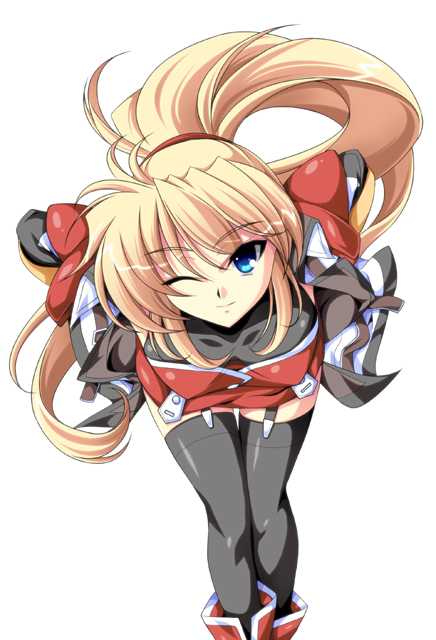 ka2, excellen browning, banpresto, super robot wars, blonde hair, leaning forward, long hair, one eye closed, solo, thighhighs, wink