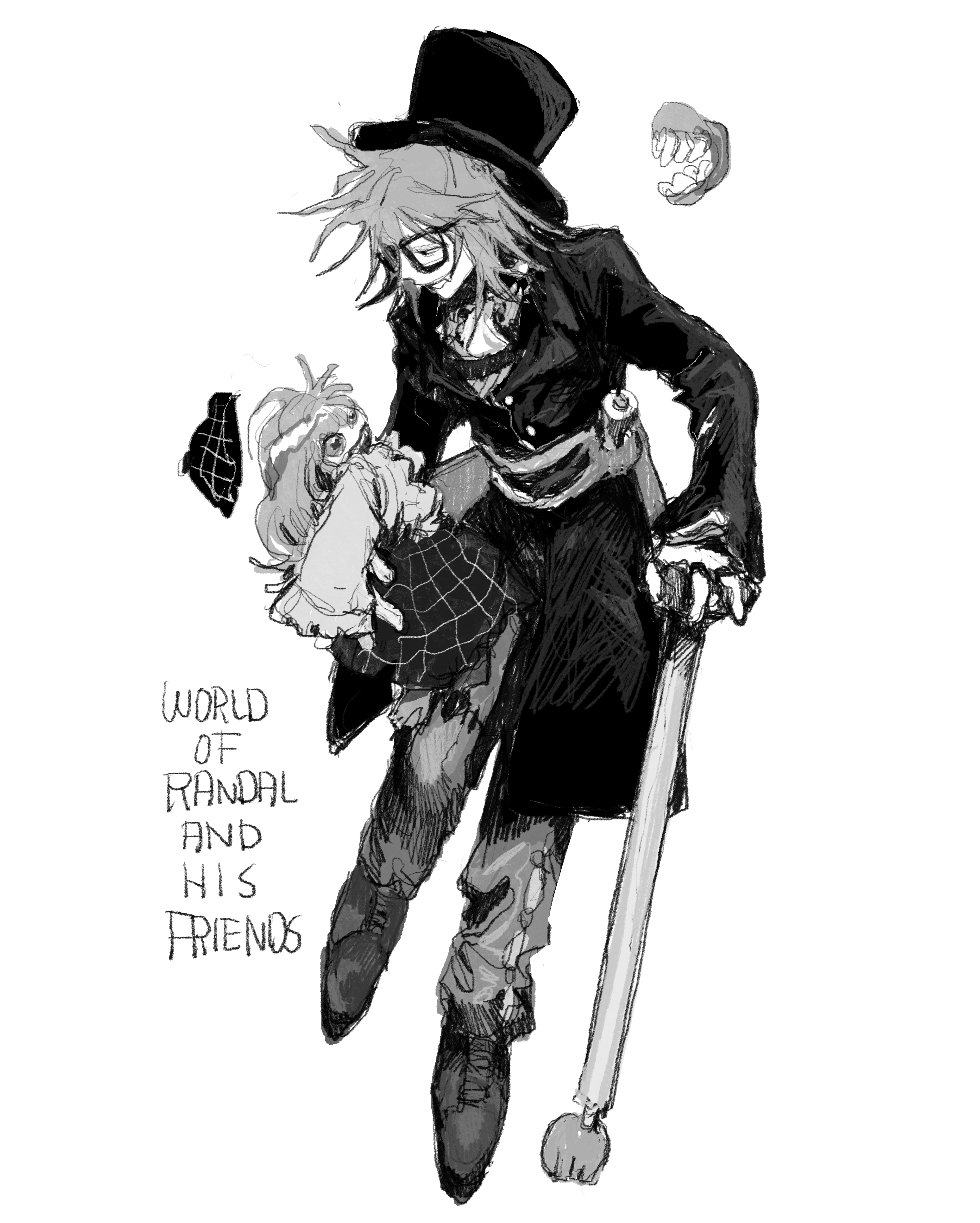 denpa shougai, randal ivory, randal's friends, absurdres, commentary request, highres, 1boy, cane, coat, dentures, doll, english text, glasses, greyscale, hat, holding, holding cane, holding doll, male focus, monochrome, short hair, simple background, solo, top hat, white background