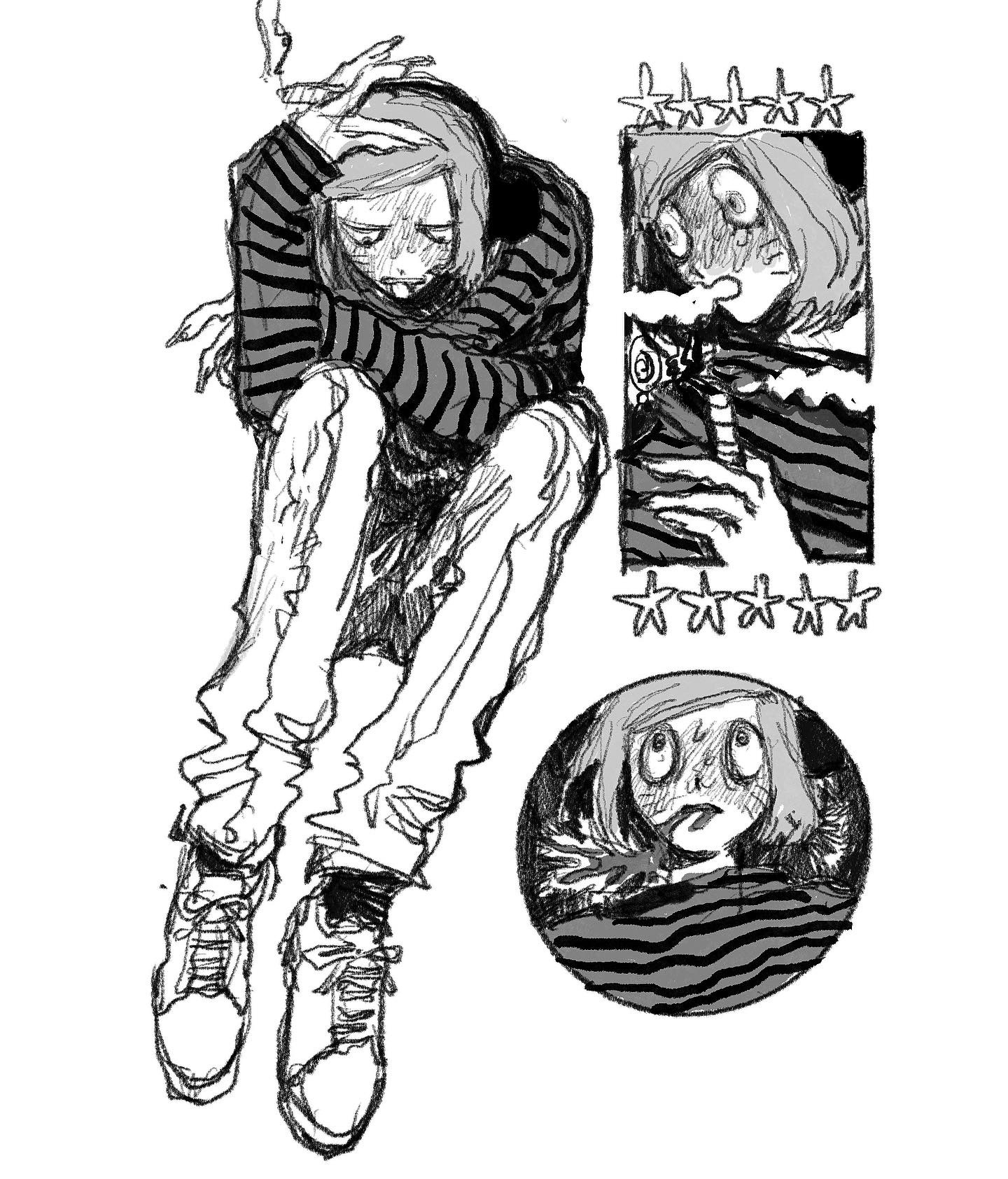 denpa shougai, nyon (randal's friends), randal's friends, commentary request, highres, 1boy, animal ears, blush, cigar, drugs, facial mark, fake animal ears, fingernails, full-face blush, greyscale, holding, holding cigar, knees up, male focus, marijuana, monochrome, multiple views, sharp fingernails, shirt, shoes, short hair, simple background, sitting, sleeves past wrists, smoking, sneakers, star (symbol), stoned, striped clothes, striped shirt, vomit, whisker markings, white background