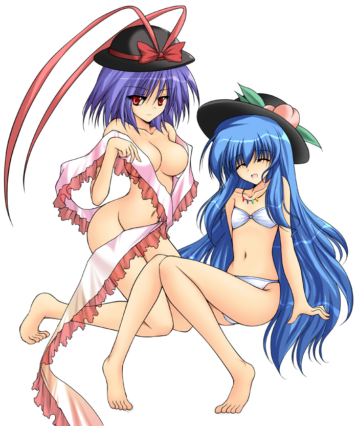 danshaku, hinanawi tenshi, nagae iku, touhou, 2girls, bad anatomy, bad feet, barefoot, bikini, breasts, feet, female focus, hat, laughing, long hair, medium breasts, multiple girls, nude, poorly drawn, short hair, simple background, small breasts, swimsuit, white background