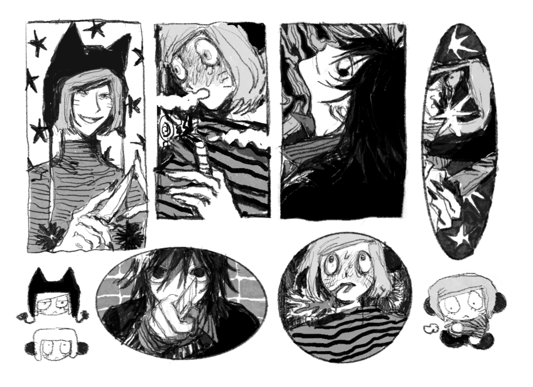 denpa shougai, nyen (randal's friends), nyon (randal's friends), tsukada satoru, randal's friends, commentary request, highres, 3boys, animal ears, animal hat, beanie, blush, boxcutter, cat hat, cigarette, drugs, facial mark, fake animal ears, fingernails, full-face blush, greyscale, hat, holding, holding boxcutter, holding cigarette, holding knife, knife, looking at viewer, male focus, marijuana, monochrome, multiple boys, multiple views, pom pom (clothes), pom pom beanie, sharp fingernails, shirt, short hair, simple background, smoking, stoned, striped clothes, striped shirt, striped sweater, sweater, turtleneck, turtleneck sweater, whisker markings, white background