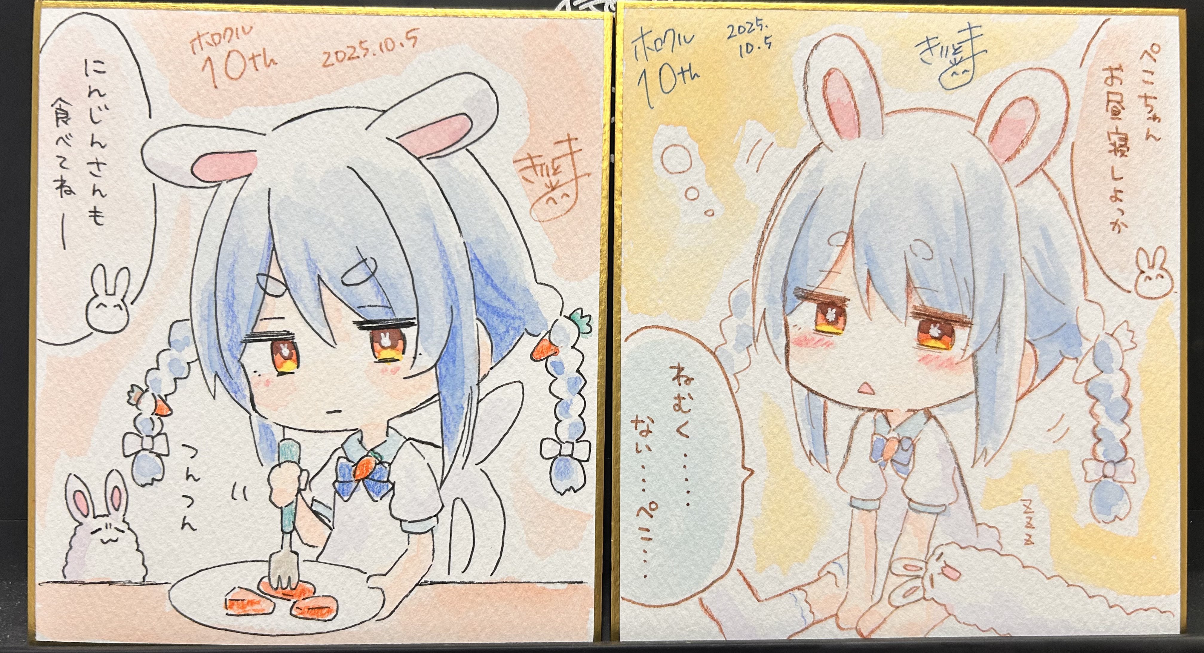 kiritoma, don-chan (usada pekora), usada pekora, hololive, absurdres, commentary request, highres, photo (medium), traditional media, translation request, 1girl, :<, aged down, animal ears, blue bow, blue hair, bow, braid, carrot hair ornament, chair, collared dress, dated, dress, food-themed hair ornament, fork, hair bow, hair ornament, holding, holding fork, holding plate, on chair, orange eyes, parted lips, plate, puffy short sleeves, puffy sleeves, rabbit-shaped pupils, rabbit ears, shikishi, short sleeves, sitting, socks, symbol-shaped pupils, table, triangle mouth, twin braids, twintails, white bow, white dress, white socks