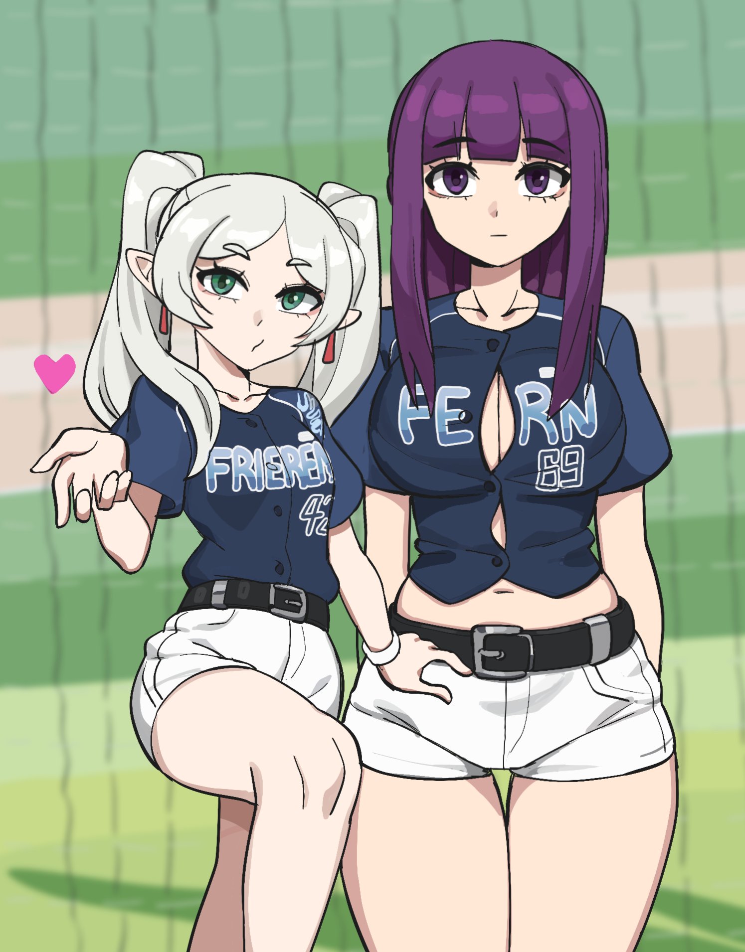 hyyun ho, fern (sousou no frieren), frieren, sousou no frieren, commentary, highres, 2girls, alternate costume, belt, belt buckle, black belt, blowing kiss, blue shirt, blunt bangs, breasts, buckle, button gap, character name, closed mouth, collarbone, contemporary, cowboy shot, earrings, elf, expressionless, green eyes, heart, jewelry, large breasts, long hair, looking at viewer, medium breasts, midriff, multiple girls, navel, parted bangs, pointy ears, puckered lips, purple eyes, purple hair, shirt, shirt tucked in, short shorts, shorts, sidelocks, standing, standing on one leg, twintails, undersized clothes, white hair, white shorts