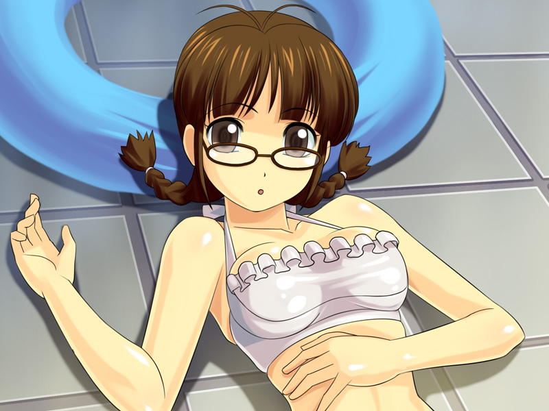 muhi11234, akizuki ritsuko, idolmaster, idolmaster (classic), 00s, bikini, braid, brown eyes, brown hair, glasses, innertube, short hair, solo, swim ring, swimsuit, twin braids, white bikini