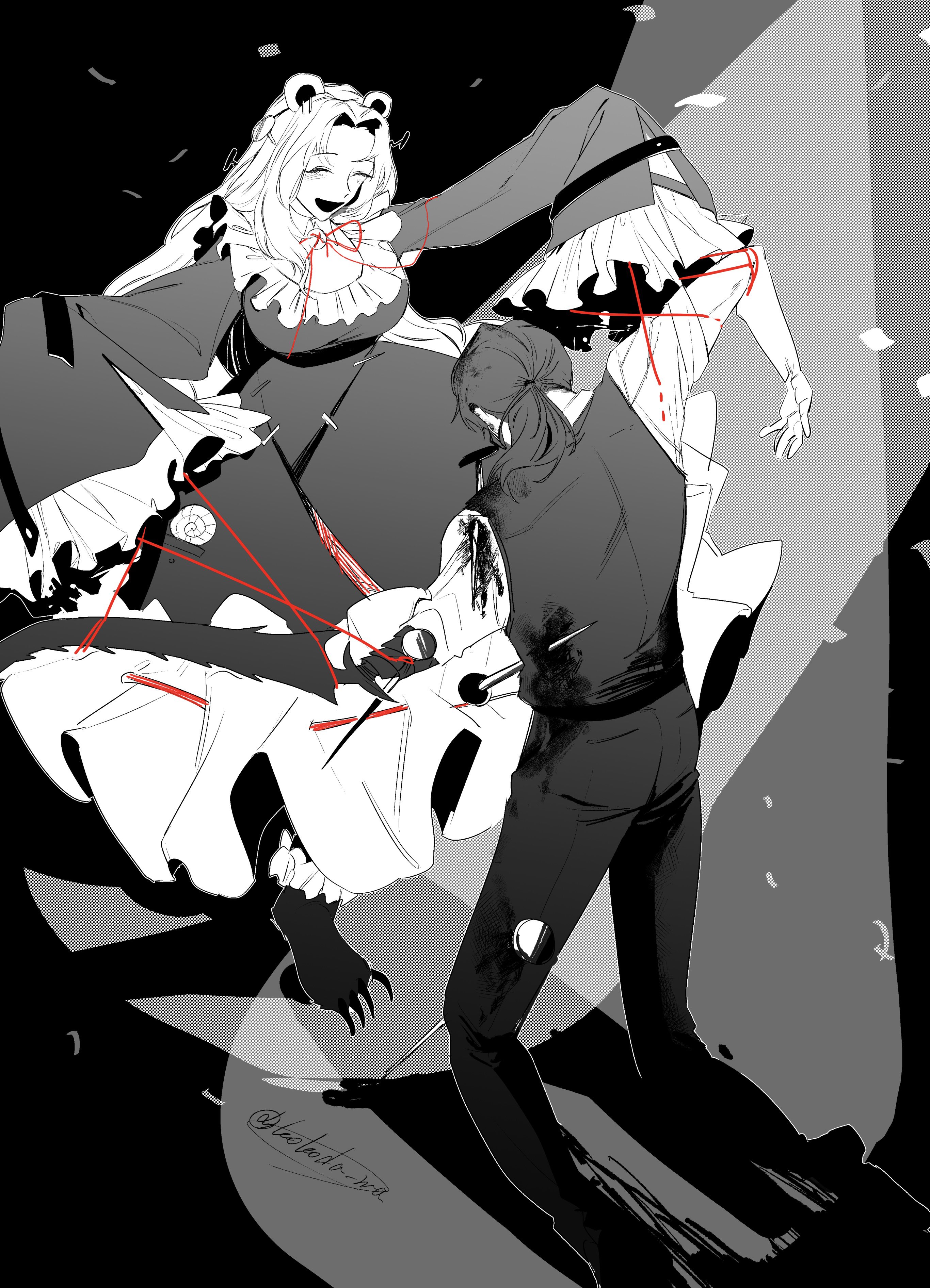 kokoda wa, gregor (project moon), rodion (project moon), limbus company, project moon, absurdres, highres, 1boy, 1girl, animal ears, animal feet, arthropod limbs, bear ears, blood, candy, claws, closed eyes, collared shirt, dress, e.g.o (project moon), food, frilled dress, frills, full body, hex nail (e.g.o), impaled, lollipop, long hair, looking at another, low ponytail, nail (hardware), nail hair ornament, open mouth, partially colored, ponytail, red yarn, shirt, simple background, standing, stitches, white shirt