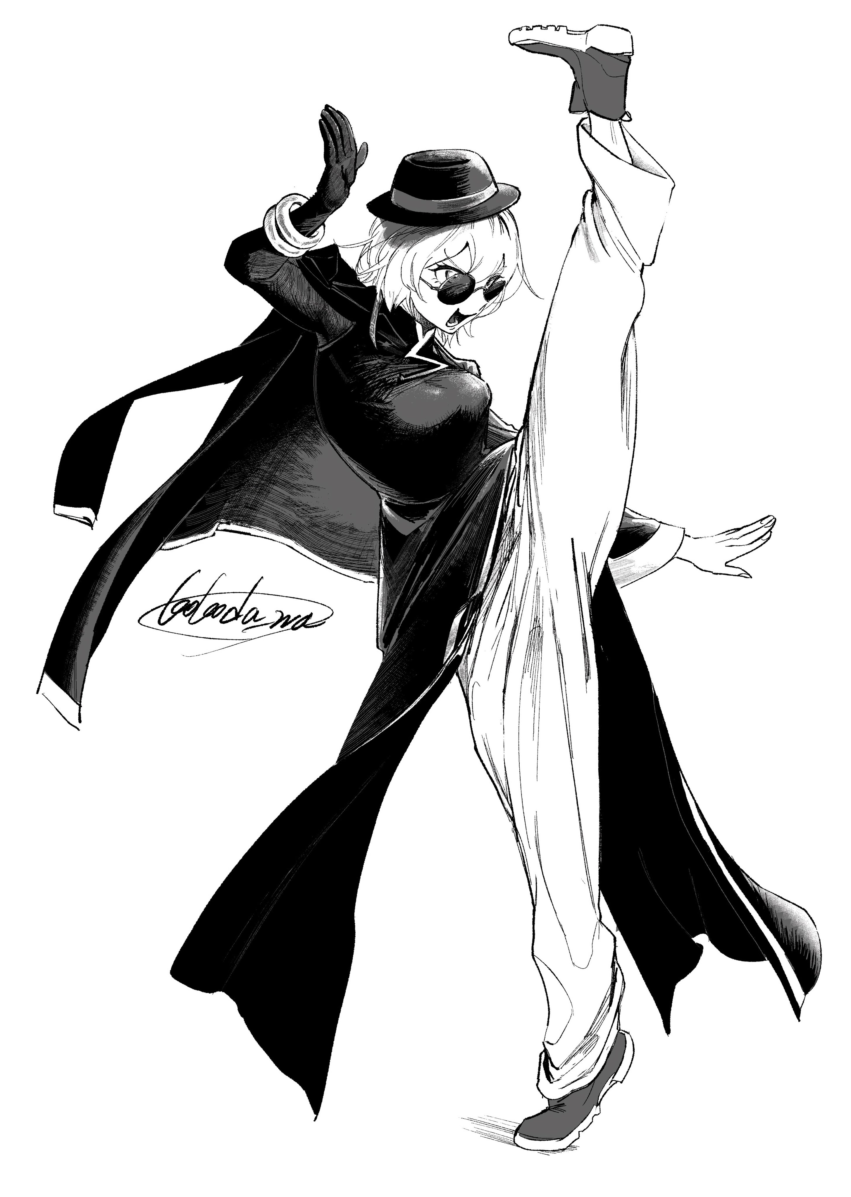 kokoda wa, don quixote (project moon), limbus company, project moon, absurdres, highres, 1girl, black coat, black dress, black gloves, black hat, breasts, china dress, chinese clothes, cinq association east uniform, coat, coat on shoulders, dress, earrings, full body, gloves, greyscale, hat, jewelry, leg up, looking to the side, monochrome, ofuda earrings, pants, round eyewear, shoes, short hair, simple background, single earring, single glove, solo, standing, sunglasses, white background, white pants