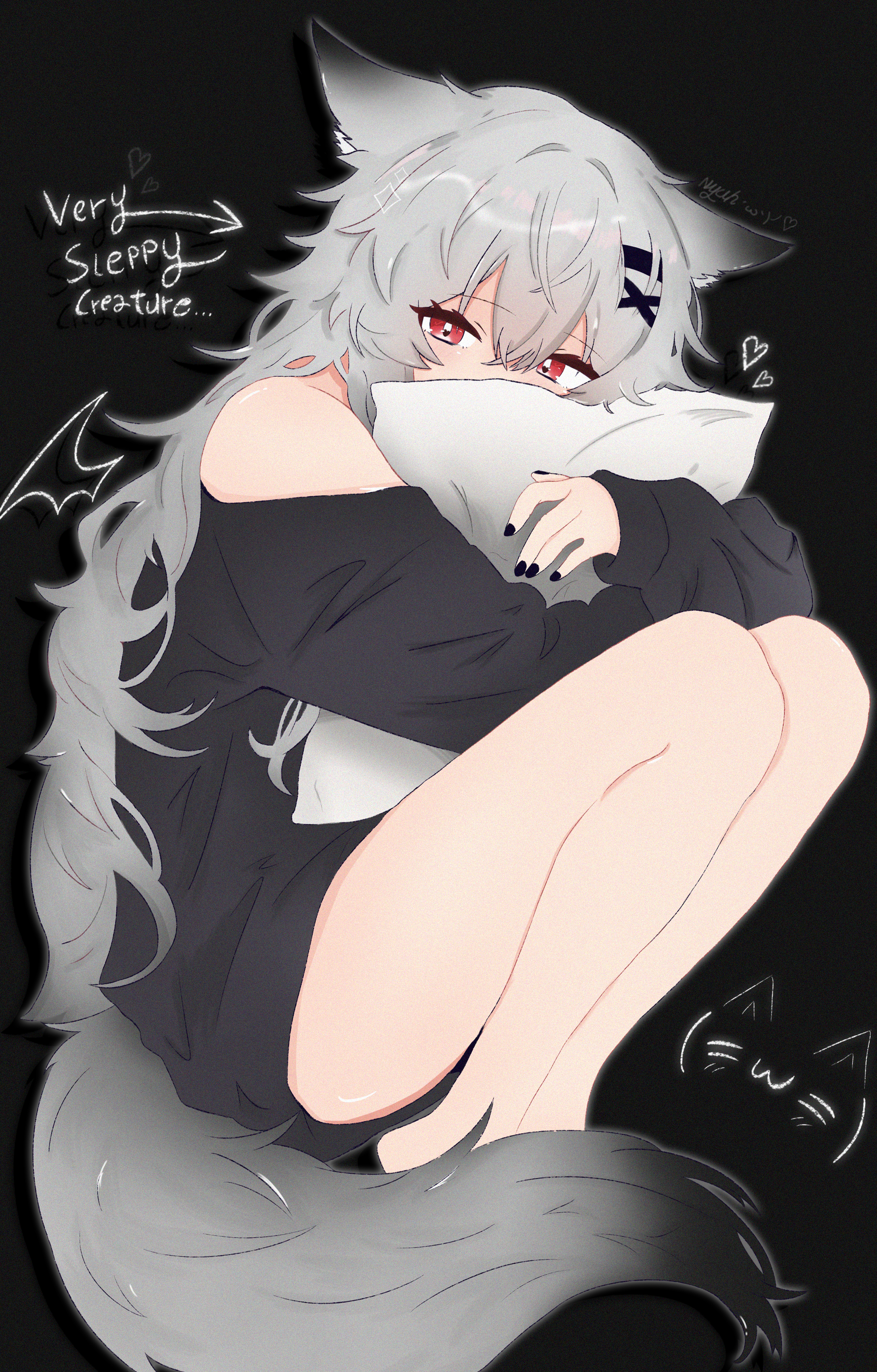 nyuh, original, absurdres, highres, 1girl, animal ears, barefoot, black background, black nails, black sweater, drawn wings, english text, fetal position, fox ears, fox girl, fox tail, full body, grey hair, heart, hugging object, long hair, long sleeves, looking at viewer, off shoulder, pillow, pillow hug, red eyes, sweater, tail