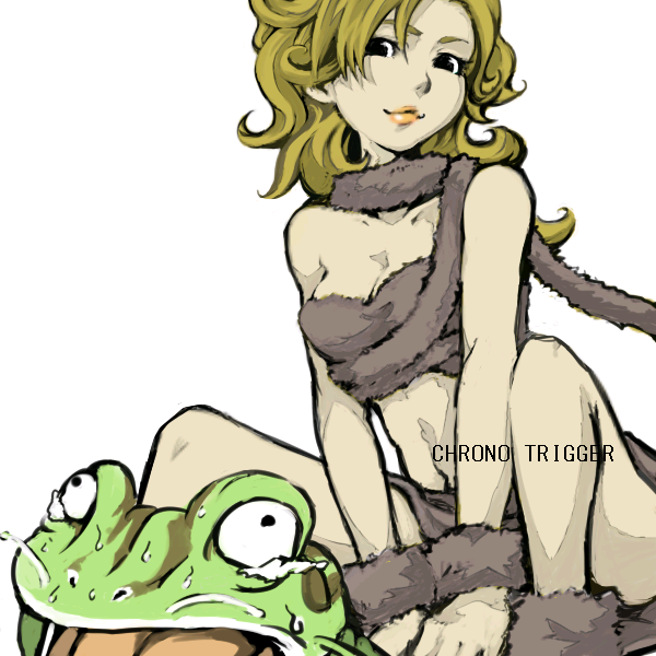 kuruuya, ayla (chrono trigger), frog (chrono trigger), chrono (series), chrono trigger, bad id, bad pixiv id, 1990s (style), 1girl, blonde hair, monster, retro artstyle, smirk, tail, tears