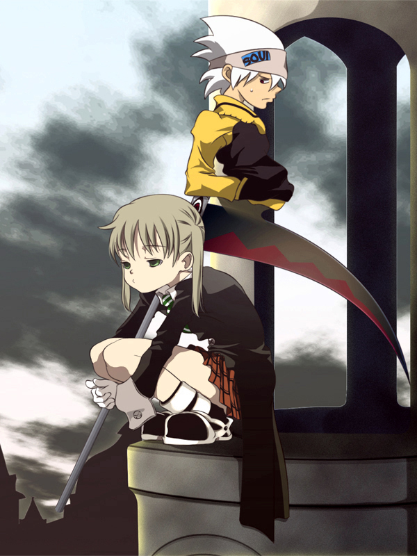 sasami (artist), maka albarn, soul evans, soul eater, 00s, blonde hair, bored, brown hair, plaid clothes, plaid skirt, scythe, skirt, squatting, twintails