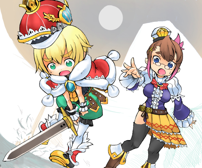 ario, chime, clavat, king leo, selkie, final fantasy, final fantasy crystal chronicles, final fantasy crystal chronicles: my life as a king, 1boy, 1girl, blonde hair, blue eyes, brown hair, crown, glasses, green hair, king, multicolored hair, sword, thighhighs, two-tone hair, weapon