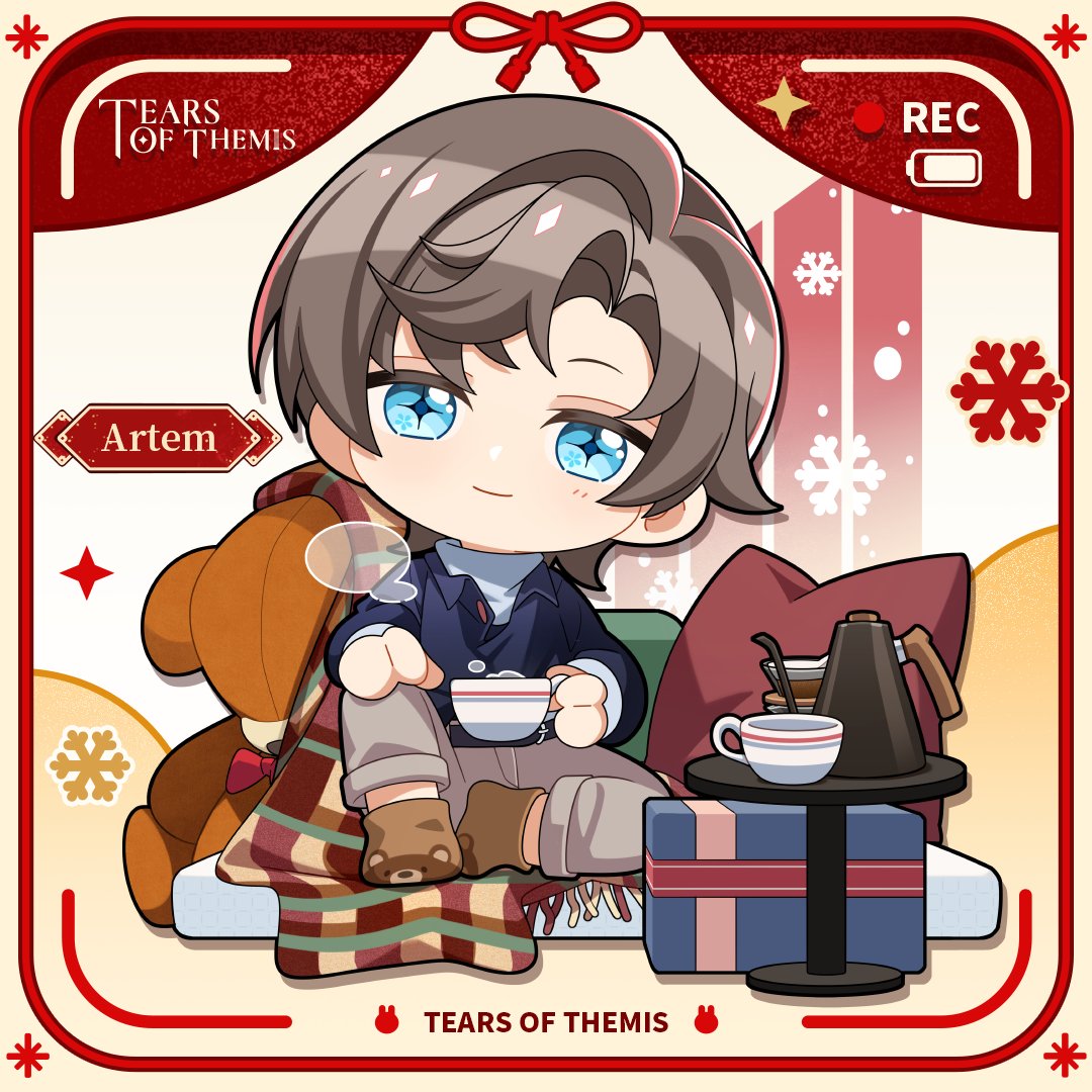 artem wing (tears of themis), tears of themis, official art, + +, 1boy, battery indicator, blanket, blue eyes, blue jacket, brown hair, brown socks, character name, chibi, closed mouth, copyright name, cup, fringe trim, grey pants, holding, holding cup, jacket, knee up, looking at viewer, male focus, no shoes, pants, parted bangs, pillow, shirt, sitting, smile, snowflakes, socks, solo, stuffed animal, stuffed toy, table, teddy bear, turtleneck, turtleneck shirt, white shirt
