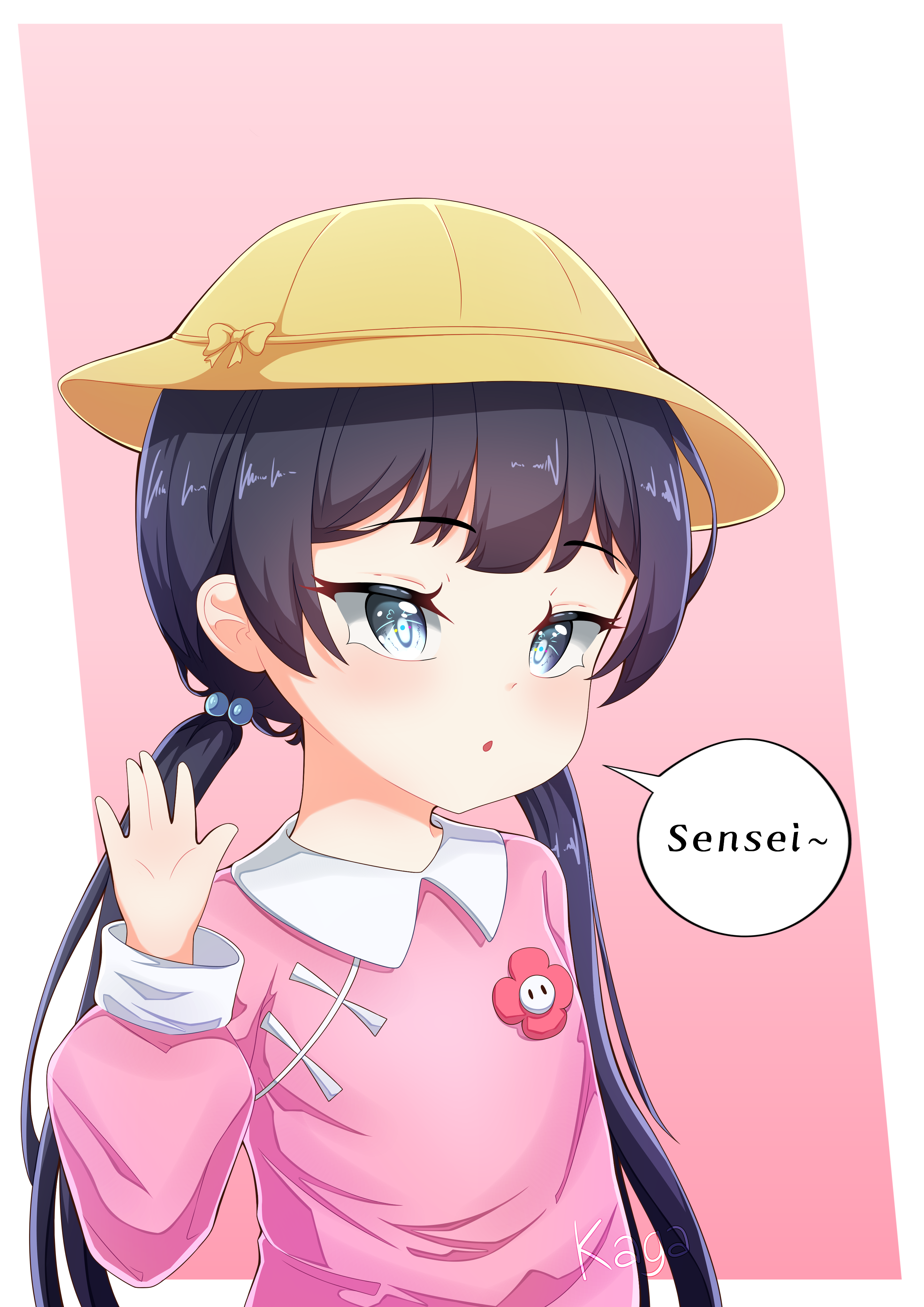 kaga assu, kisaki (blue archive), blue archive, absurdres, highres, 1girl, black hair, blue eyes, blush, calling, hat, kindergarten uniform, low twintails, official alternate costume, open mouth, solo, twintails