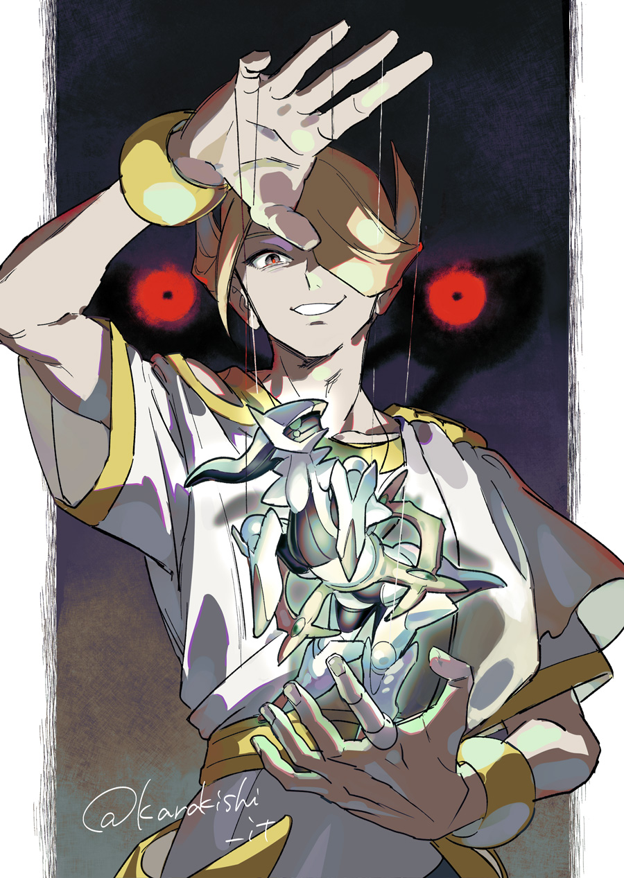 karakishi it, arceus, giratina, volo (pokemon), nintendo, pokemon, pokemon legends: arceus, highres, 1boy, blonde hair, gen 4 pokemon, glowing, glowing eyes, hair over one eye, legendary pokemon, male focus, mythical pokemon, parted lips, red eyes, shirt, smirk, solo focus, string, twitter username, upper body, white shirt