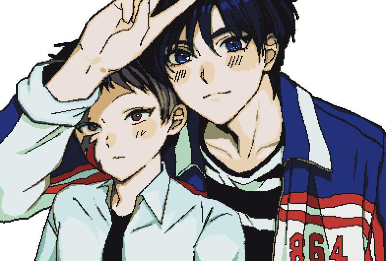 kudou gai, ukai zero, buraiden gai, tobaku haouden zero, non-web source, 2boys, blue jacket, jacket, multiple boys, publicbread864, shirt, short hair, smile, white shirt