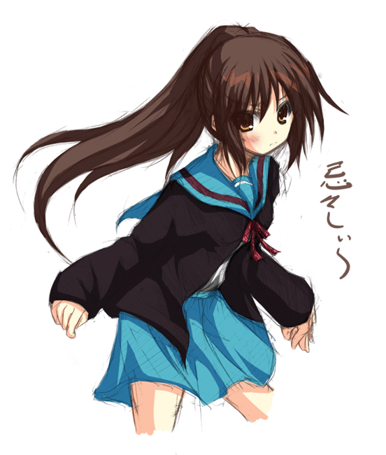 mikago kotaro, kyonko, suzumiya haruhi no yuuutsu, bad id, bad pixiv id, 00s, 1girl, brown eyes, brown hair, cardigan, female focus, genderswap, genderswap (mtf), ponytail, school uniform, serafuku, solo