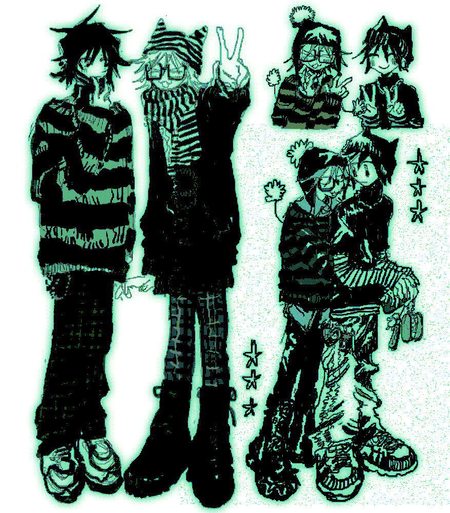 denpa shougai, randal ivory, tsukada satoru, randal's friends, commentary request, > <, 2boys, :3, beanie, boots, double v, glasses, green theme, hat, hug, hug from behind, jacket, male focus, mask, monochrome, mouth mask, multiple boys, multiple views, pom pom (clothes), pom pom beanie, scarf, simple background, standing, star (symbol), striped clothes, striped sweater, sweater, v, wallet chain, white background