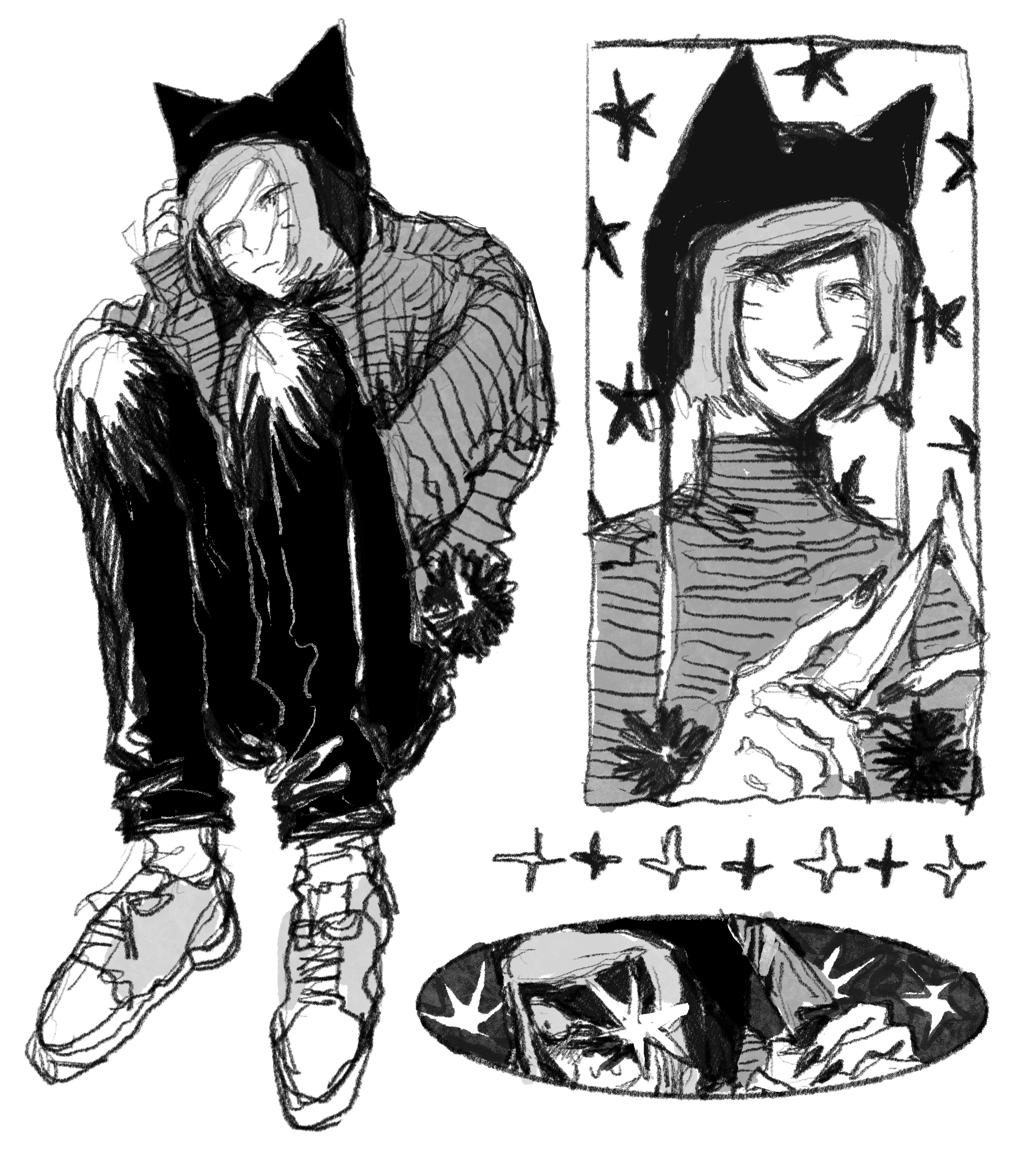 denpa shougai, nyen (randal's friends), randal's friends, commentary request, highres, 1boy, animal hat, beanie, cat hat, facial mark, fingernails, greyscale, hat, holding, holding knife, knees up, knife, looking at viewer, male focus, monochrome, multiple views, pom pom (clothes), pom pom beanie, sharp fingernails, shoes, short hair, simple background, sitting, sleeves past wrists, sneakers, star (symbol), striped clothes, striped sweater, sweater, turtleneck, turtleneck sweater, whisker markings, white background