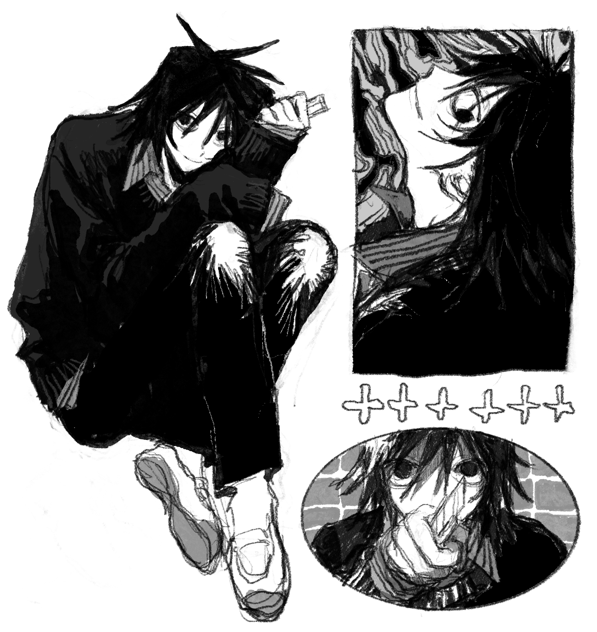 denpa shougai, tsukada satoru, randal's friends, commentary request, highres, 1boy, boxcutter, greyscale, holding, holding boxcutter, knees up, looking at viewer, male focus, monochrome, multiple views, short hair, simple background, sitting, sleeves past wrists, sweater, white background