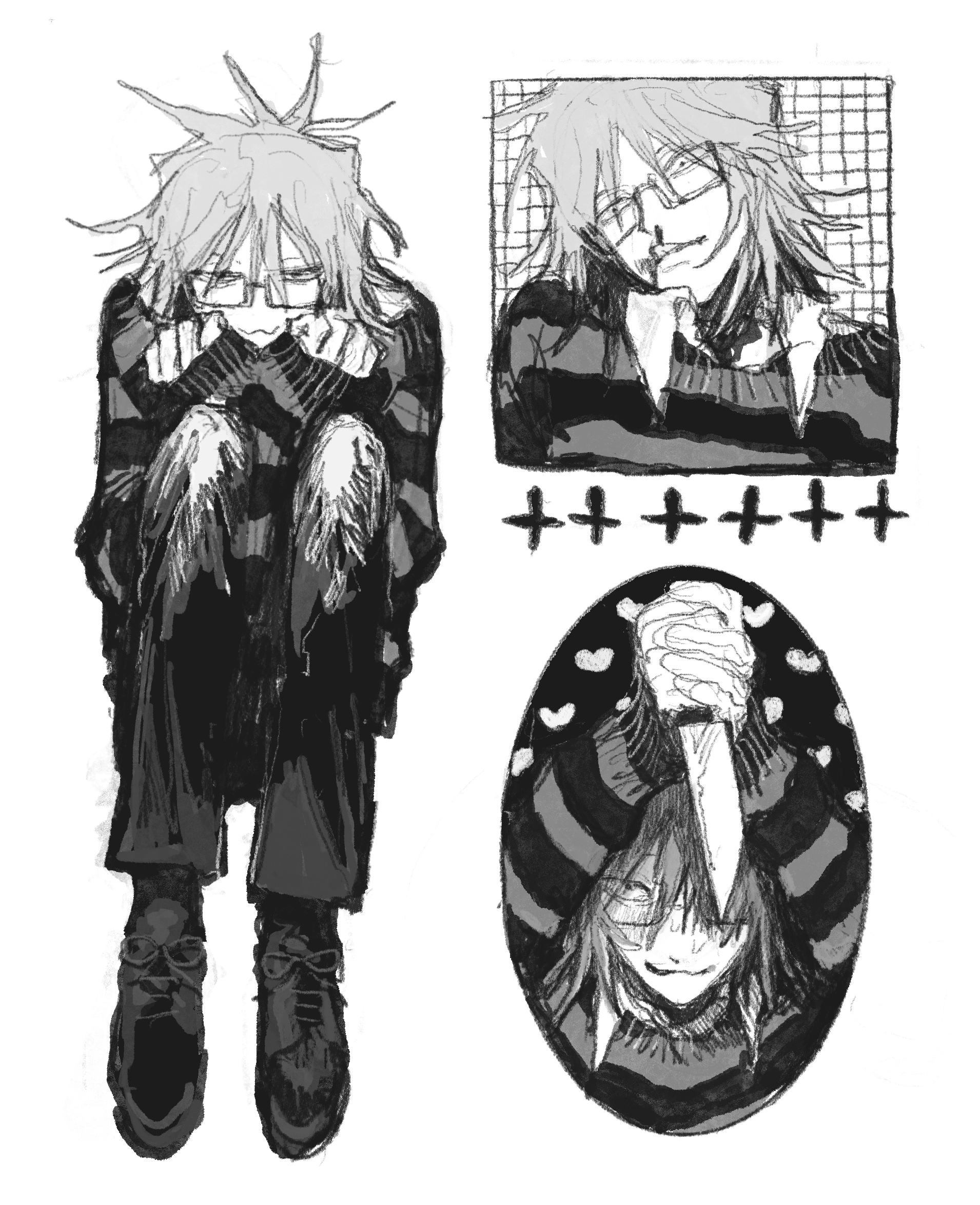 denpa shougai, randal ivory, randal's friends, commentary request, highres, 1boy, :3, blood, glasses, greyscale, holding, holding knife, knees up, knife, licking lips, looking at viewer, male focus, monochrome, multiple views, nosebleed, short hair, simple background, sitting, sleeves past wrists, striped clothes, striped sweater, sweater, tongue, tongue out, white background