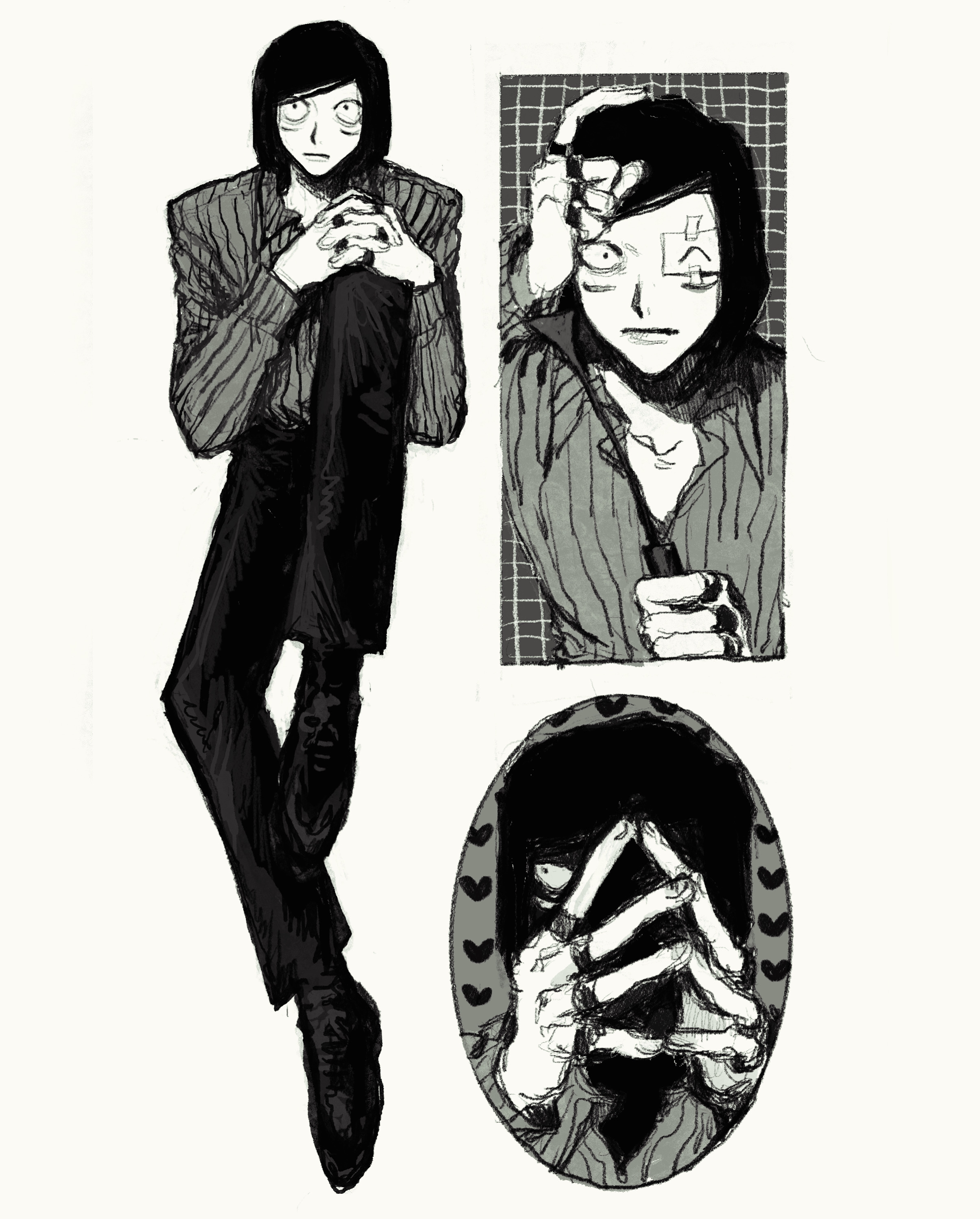 denpa shougai, luther von ivory, randal's friends, absurdres, commentary request, highres, 1boy, extra eyes, greyscale, hands on own knee, holding, holding riding crop, jewelry, knee up, looking at viewer, male focus, monochrome, multiple rings, multiple views, own hands clasped, own hands together, riding crop, ring, shirt, short hair, simple background, steepled fingers, taped note, yellow background