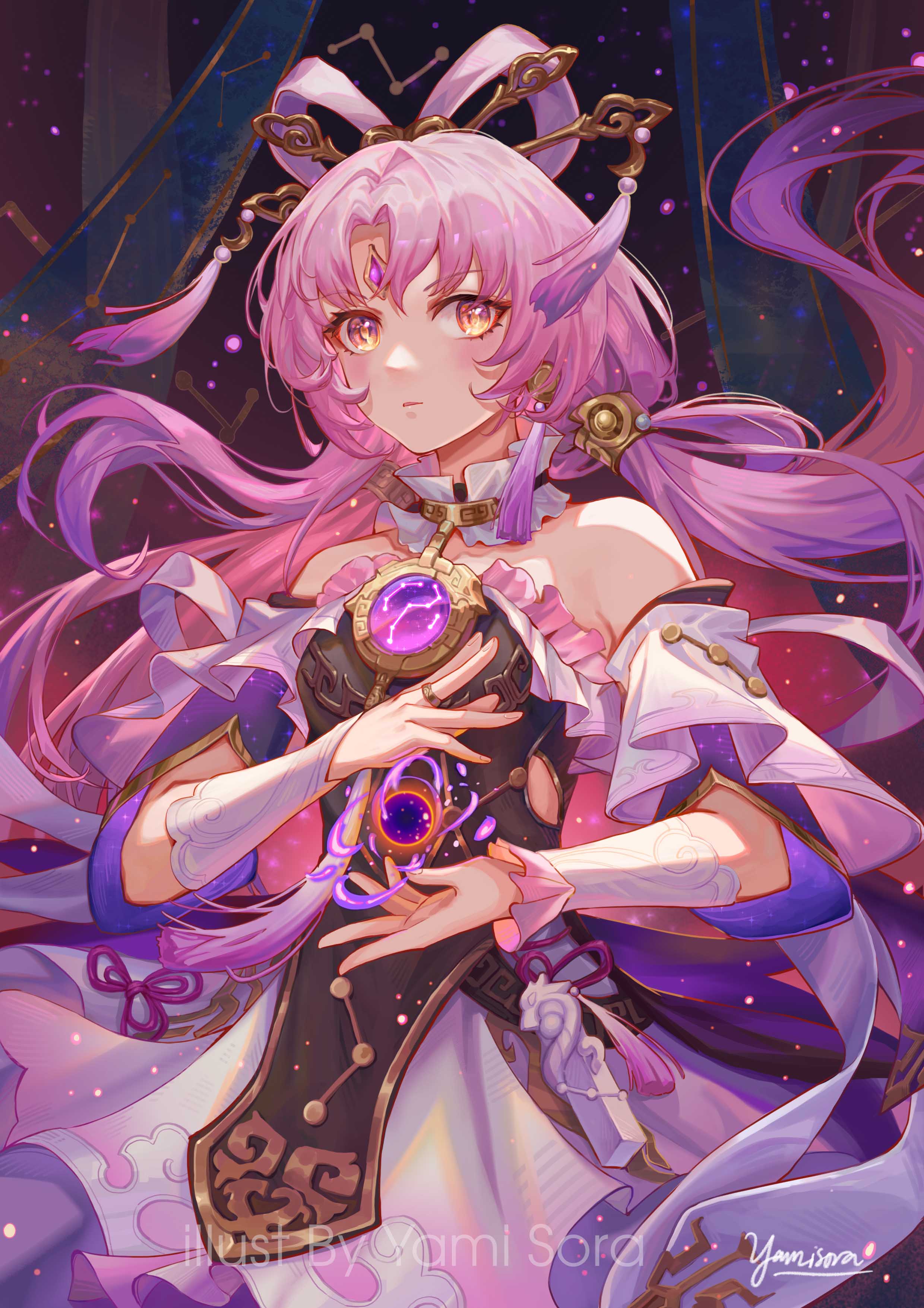 chinnpou, fu xuan (honkai: star rail), honkai: star rail, honkai (series), absurdres, commentary, highres, 1girl, bare shoulders, chinese clothes, collar, cowboy shot, detached sleeves, dress, forehead jewel, hair ornament, jewelry, long hair, looking to the side, orange eyes, orb, parted bangs, parted lips, pink hair, ring, sidelocks, signature, solo, standing, tassel, watermark, white collar, white dress, white sleeves