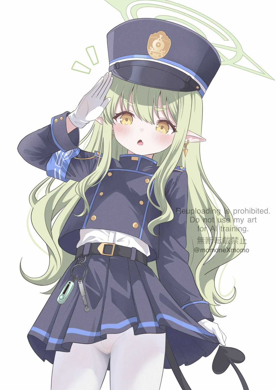 momonexmomo, hikari (blue archive), blue archive, commentary, highres, 1girl, armband, belt, black belt, black hat, black jacket, black skirt, blue armband, blush, buttons, chestnut mouth, cowboy shot, demon girl, demon tail, double-breasted, earrings, eyelashes, fang, film grain, gloves, green hair, green halo, hair between eyes, halo, hand up, hat, jacket, jewelry, long hair, long sleeves, looking at viewer, miniskirt, notice lines, open mouth, panties, panties under pantyhose, pantyhose, peaked cap, pleated skirt, pointy ears, salute, shirt, sidelocks, simple background, skin fang, skirt, skirt hold, solo, tail, thick eyebrows, twitter username, underwear, v-shaped eyebrows, very long hair, watermark, wavy hair, white background, white gloves, white pantyhose, white shirt, yellow eyes