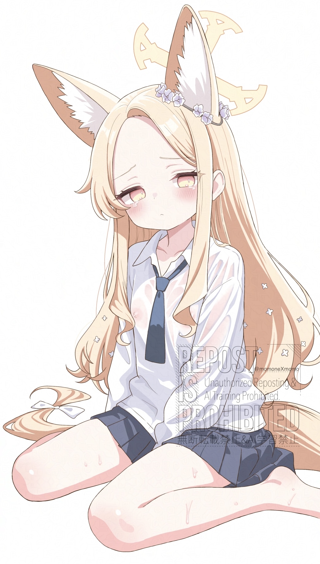 momonexmomo, seia (blue archive), blue archive, adversarial noise, commentary request, highres, partial commentary, 1girl, :<, alternate costume, animal ear fluff, animal ears, arm at side, barefoot, between legs, black necktie, black skirt, blonde hair, blush, bright pupils, closed mouth, collared shirt, covered erect nipples, cross halo, extra ears, flat chest, forehead, fox ears, fox girl, fox tail, frown, full body, furrowed brow, halo, hand between legs, long hair, long sleeves, looking at viewer, miniskirt, multicolored eyes, necktie, parted bangs, pink eyes, pleated skirt, school uniform, see-through clothes, see-through shirt, shirt, sidelocks, simple background, sitting, skirt, slit pupils, solo, tail, tearing up, thighs, twitter username, two-tone eyes, very long hair, wariza, watermark, wet, wet clothes, wet shirt, white background, white pupils, white shirt, yellow eyes, yellow halo