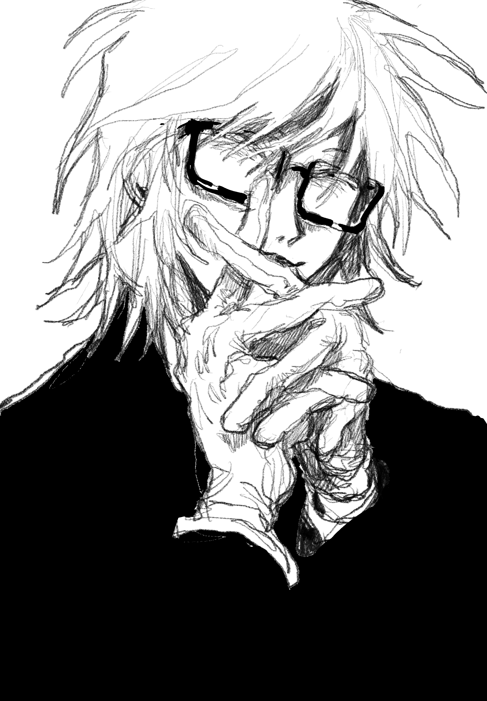 denpa shougai, randal ivory, randal's friends, commentary request, highres, 1boy, glasses, gloves, greyscale, hands up, looking at viewer, male focus, monochrome, own hands clasped, own hands together, short hair, simple background, solo, squinting, upper body, white background
