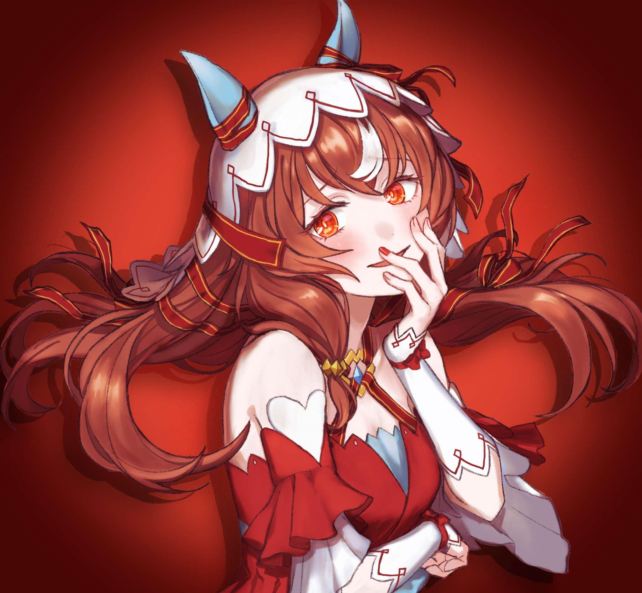 rumoi (dekoponamai7), still in love (umamusume), umamusume, highres, 1girl, animal ears, bare shoulders, bow, breasts, brown hair, dress, ear ribbon, floating hair, hair between eyes, hair ornament, hair over shoulder, horse girl, long hair, long sleeves, multicolored hair, nail polish, off-shoulder dress, off shoulder, parted lips, red background, red dress, red eyes, red nails, red ribbon, ribbon, short sleeves, small breasts, smile, solo, streaked hair, veil, very long hair, white hair, white sleeves, white veil