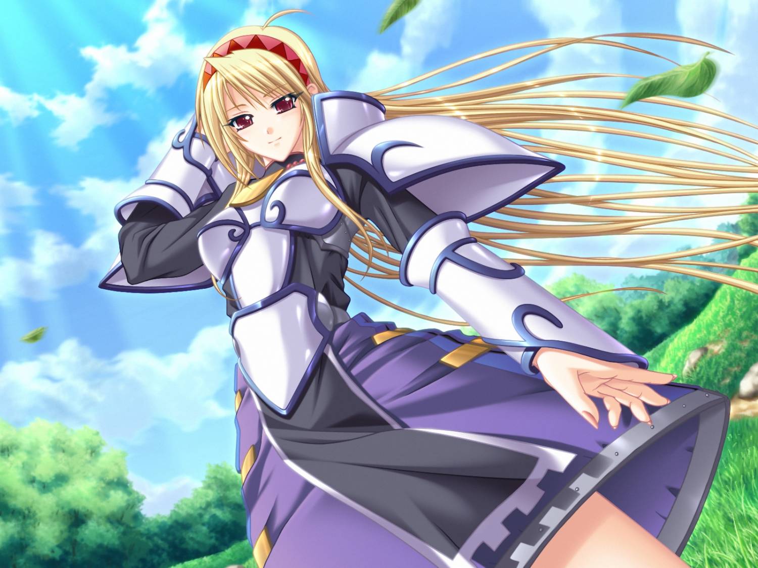 armor, blonde hair, cloud, day, dress, hairband, headband, leaf, long hair, red eyes, sky, solo