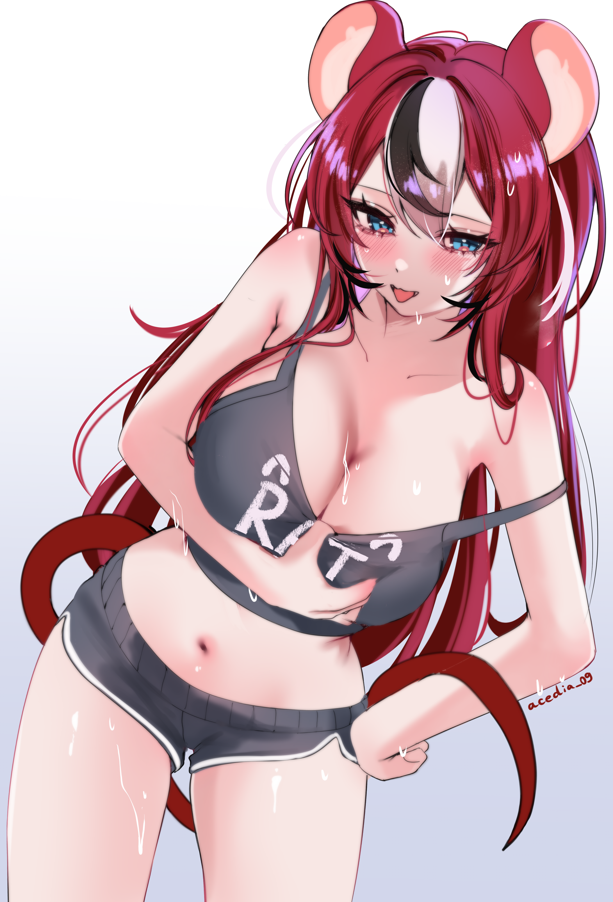 acedia, hakos baelz, hololive, hololive english, absurdres, commentary, english commentary, highres, 1girl, :p, alternate breast size (larger), alternate costume, animal ears, bare arms, black hair, blue eyes, breasts, cleavage, clothes writing, crop top, dolphin shorts, double-parted bangs, grey shorts, grey tank top, hair between eyes, hand on own hip, large breasts, long hair, looking at viewer, midriff, mouse ears, mouse girl, mouse tail, multicolored hair, navel, red hair, short shorts, shorts, solo, streaked hair, tail, tank top, tongue, tongue out, very long hair, virtual youtuber, white hair
