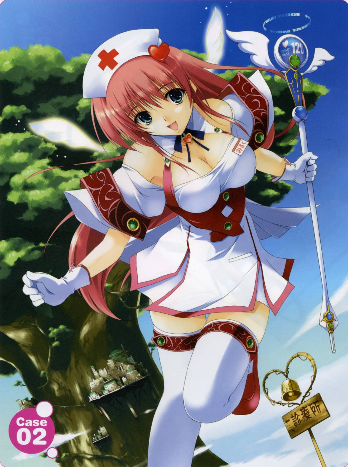 highres, 1girl, breasts, cleavage, female focus, gloves, green eyes, hair ornament, hairpin, large breasts, long hair, magical girl, nurse, red hair, solo, staff, thighhighs, wings