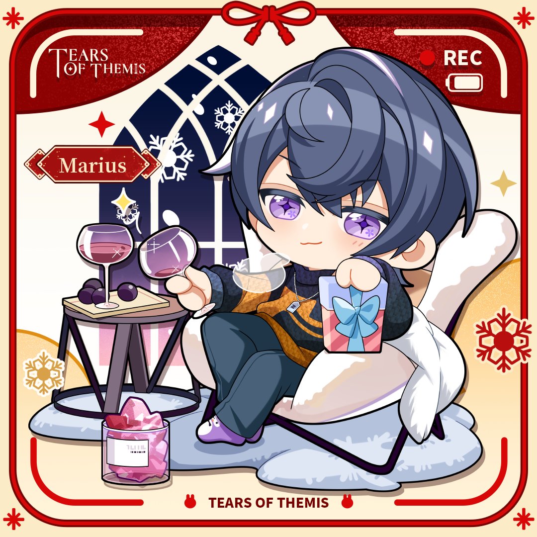 marius von hagen (tears of themis), tears of themis, official art, + +, 1boy, armchair, black hair, black sweater, blue pants, blush, chair, character name, chibi, closed mouth, copyright name, cup, drink, drinking glass, hair between eyes, holding, holding cup, indoors, long sleeves, looking at viewer, male focus, no shoes, on chair, pants, puffy long sleeves, puffy sleeves, purple eyes, purple socks, sitting, smile, snowflakes, socks, solo, sweater, window, wine glass