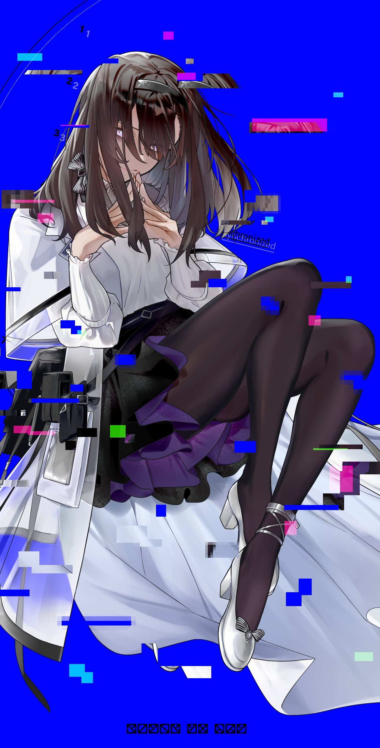furiwo, priestess (arknights), arknights, absurdres, commentary, english commentary, highres, 1girl, black bow, black hairband, black pantyhose, black skirt, blue background, bow, brown hair, closed mouth, colored inner hair, evil smile, eyes visible through hair, fingernails, footwear bow, full body, glitch, grey hair, hair over eyes, hairband, knees up, layered skirt, long bangs, long sleeves, looking at viewer, medium hair, miniskirt, multicolored hair, own hands together, pantyhose, purple skirt, shoes, skirt, smile, solo, steepled fingers, white eyes, white shoes