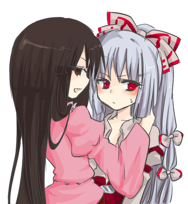 niji (nijioki), fujiwara no mokou, houraisan kaguya, imperishable night, touhou, looking away, silver hair, bad id, bad pixiv id, 2girls, averting eyes, black hair, blouse, blush, collarbone, collared shirt, female focus, from behind, long hair, long sleeves, looking at viewer, looking back, looking to the side, multiple girls, pants, red eyes, shirt, simple background, sweatdrop, upper body, white background, white shirt