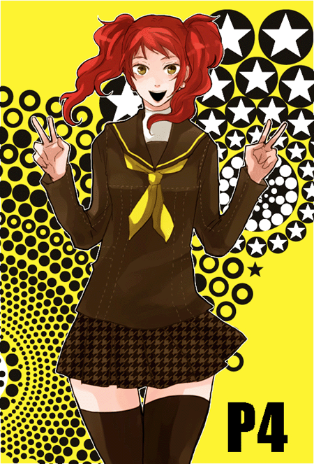 sudachips, kujikawa rise, atlus, persona, persona 4, 1girl, female focus, houndstooth, red hair, school uniform, serafuku, skirt, smile, solo, thighhighs, twintails, v
